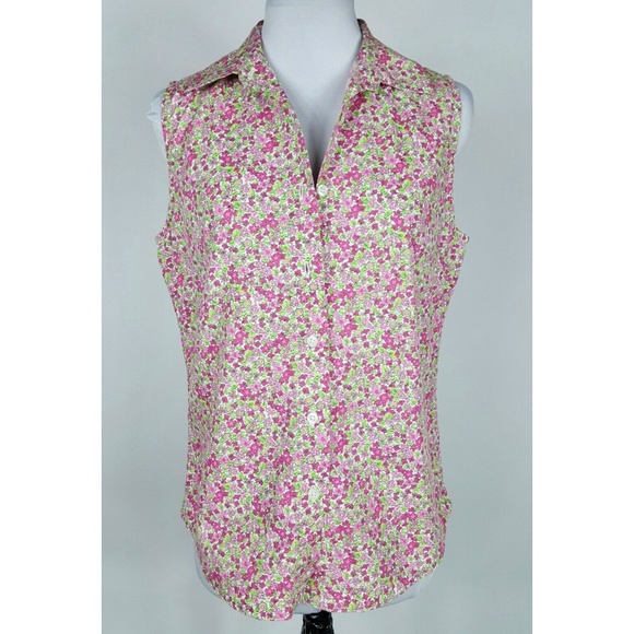 Pink & Green Floral Top M Sleeveless Button Front - Picture 3 of 8